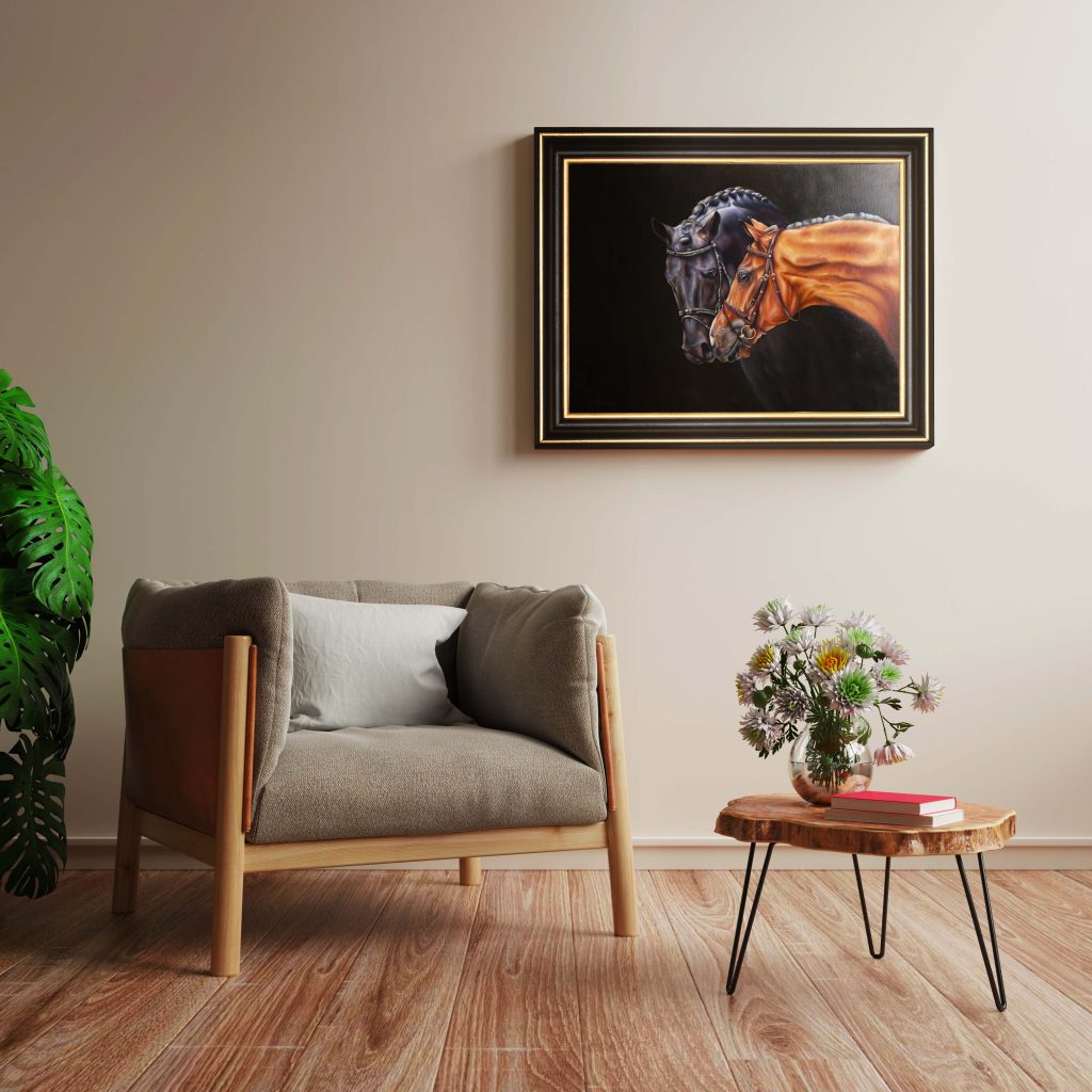 Oil painting of two horses tilting their heads towards each other, symbolizing friendship and loyalty.