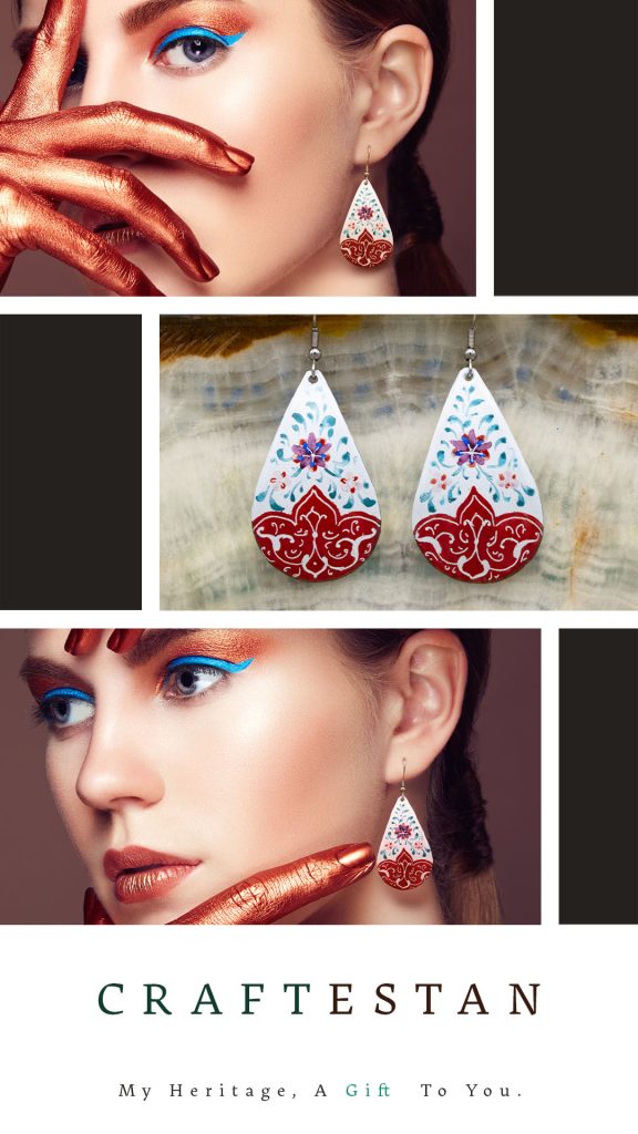 A beautiful girl wearing a hand-painted Persian enamel earring with an iconic floral design, showcasing its exceptional craftsmanship and exotic beauty.