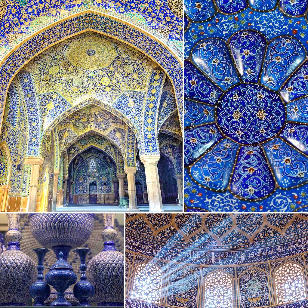 A series of four photos featuring Persian enamel pieces, including a mosque ceiling, a blue vase, a blue plate, and a blue candy jar, each highlighting the prominent blue color and intricate designs of the enamel.