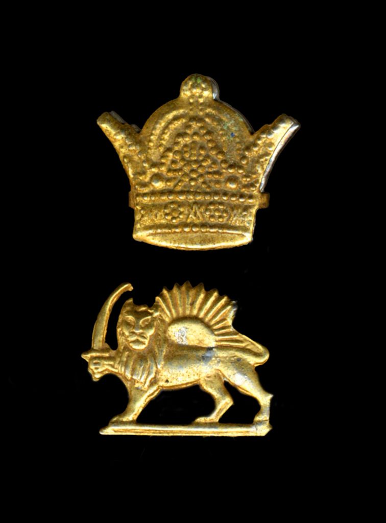 The national symbol of the Persian monarchy featuring a lion holding a sword against a radiant sun.