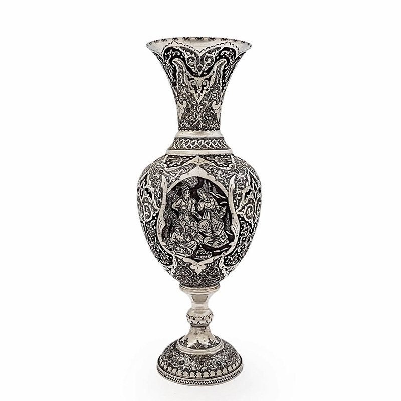Two Persian Toreutics decorative vases made of high-quality Kerman copper, adorned with silver and black hues, featuring a tulip frame and traditional Persian gathering scene on the body.