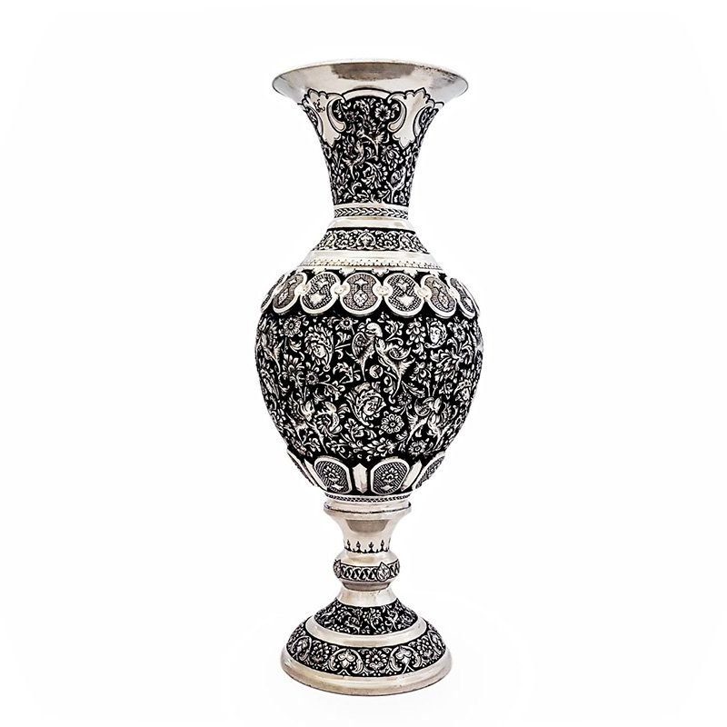 Pair of 40cm Persian Toreutics Vases featuring intricate Ghalam Zani engravings of Tulip design, birds, and human faces against a striking silver-black backdrop