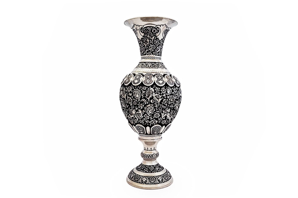 Pair of 40cm Persian Toreutics Vases featuring intricate Ghalam Zani engravings of Tulip design, birds, and human faces against a striking silver-black backdrop