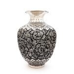 30 cm Persian Toreutics Vase made from Kerman copper, featuring Ghalam Zani engraving of Persian garden motifs in silver and black hues.