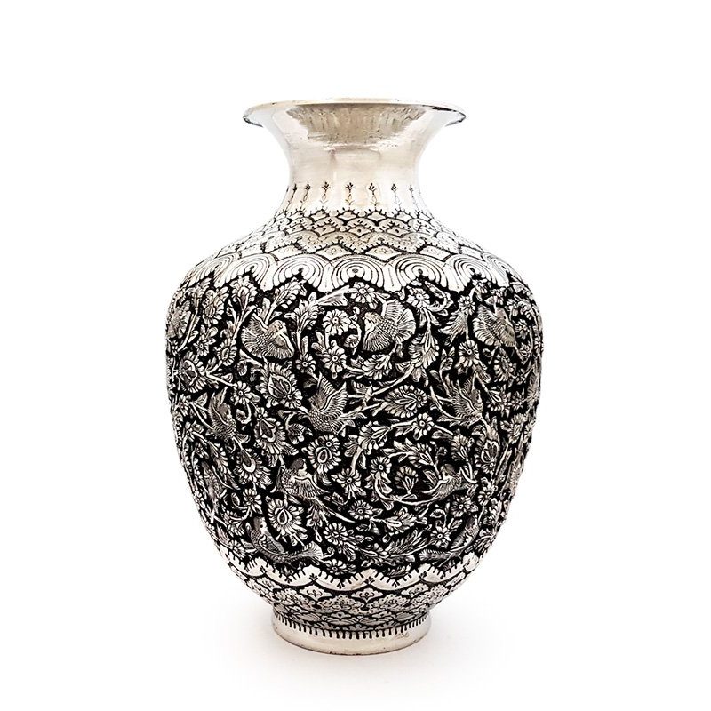 30 cm Persian Toreutics Vase made from Kerman copper, featuring Ghalam Zani engraving of Persian garden motifs in silver and black hues.