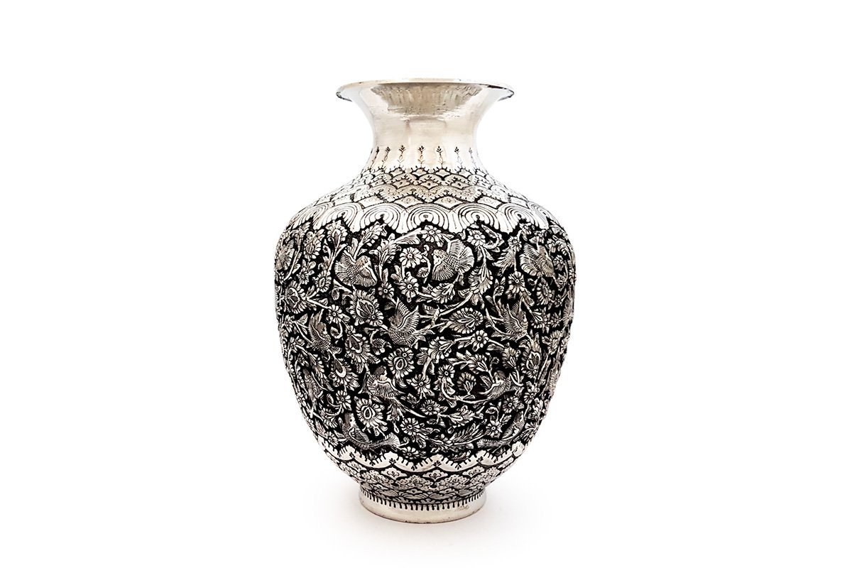 30 cm Persian Toreutics Vase made from Kerman copper, featuring Ghalam Zani engraving of Persian garden motifs in silver and black hues.