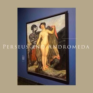 Featured image of Corinth's "Perseus and Andromeda" for the blog post, displaying the robust Andromeda standing triumphant atop the slain sea monster, Cetus, and Perseus in full armour.