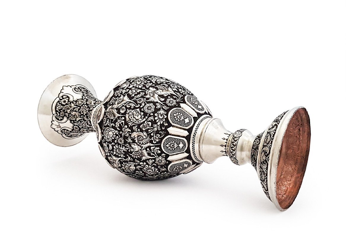 Pair of 40cm Persian Toreutics Vases featuring intricate Ghalam Zani engravings of Tulip design, birds, and human faces against a striking silver-black backdrop