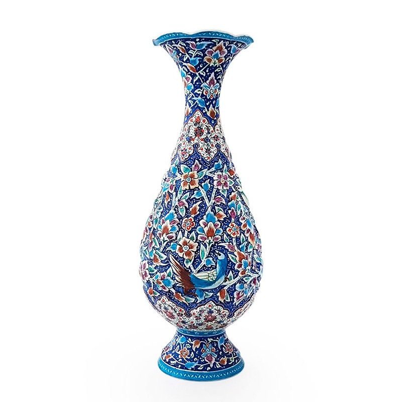 Pair of 16cm Persian Enamel Vases, handcrafted in Isfahan, featuring a vibrant design of nightingales amidst flowers.