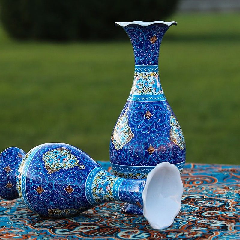 A pair of 16cm Minakari Decorative Vases in captivating azure-blue, intricately adorned with Arabesque and Islimi symmetrical patterns, handcrafted in Isfahan.
