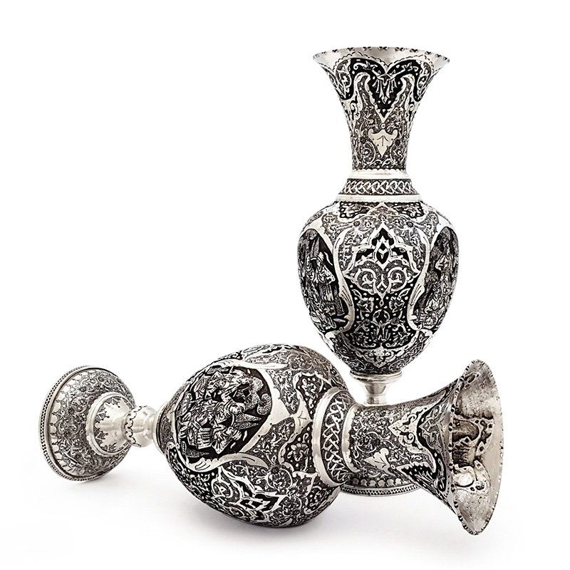 Two Persian Toreutics decorative vases made of high-quality Kerman copper, adorned with silver and black hues, featuring a tulip frame and traditional Persian gathering scene on the body.