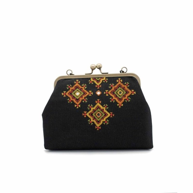 Detailansicht der Craftestan Stickerei Handtasche mit traditionellen Balochi-Mustern.