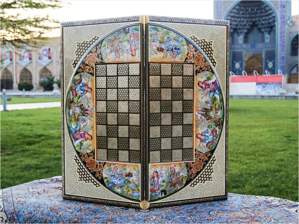 Exquisite wooden backgammon featuring Persian Khatam Kari design with Bazm-themed artwork. History of Board Games
