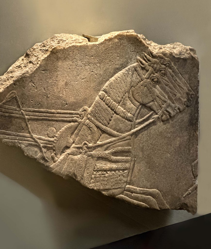 Zoomed-in view of the Nimrud stone relief highlighting the detailed carving of the Persian horses and charioteer elements.