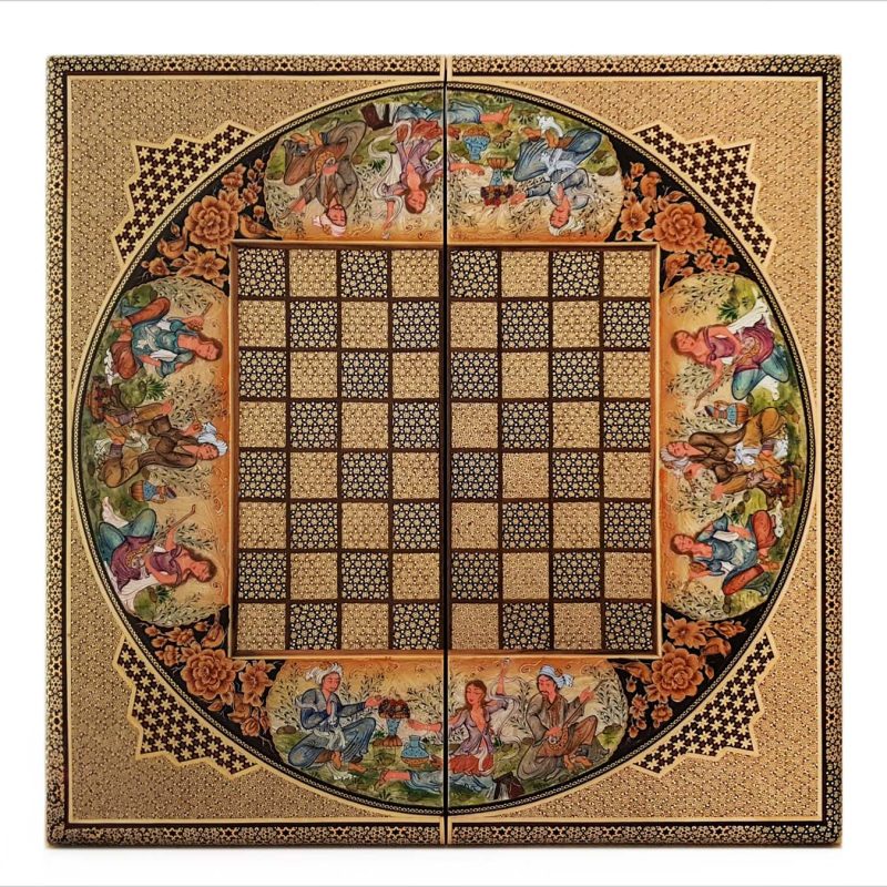 Exquisite wooden backgammon featuring Persian Khatam Kari design with Bazm-themed artwork.