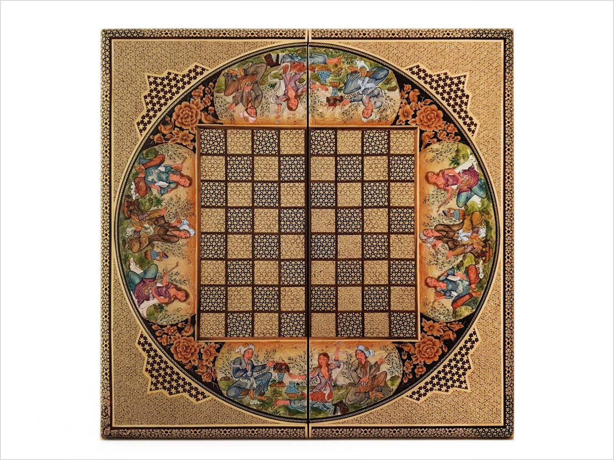 Exquisite wooden backgammon featuring Persian Khatam Kari design with Bazm-themed artwork.