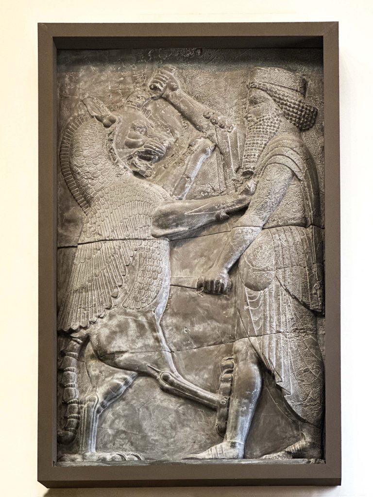 Vivid carvings from the Persian Empire Doorways, representing valiant Persian heroes in combat, set in the backdrop of the Palace of Xerxes