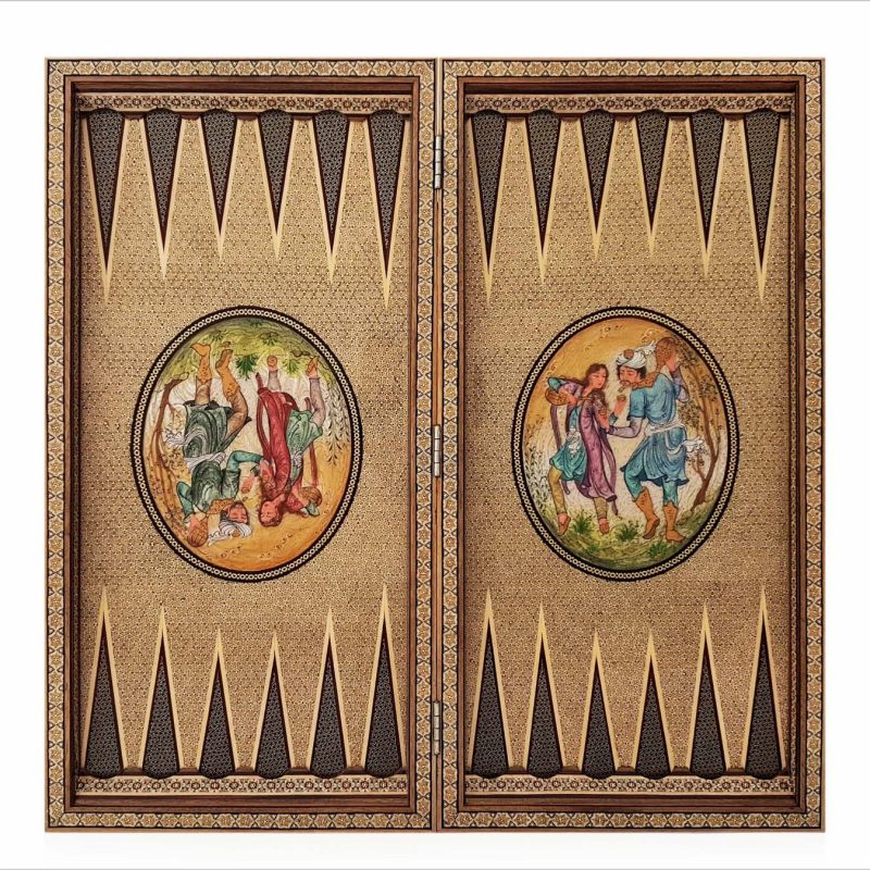 Exquisite wooden backgammon featuring Persian Khatam Kari design with Bazm-themed artwork.