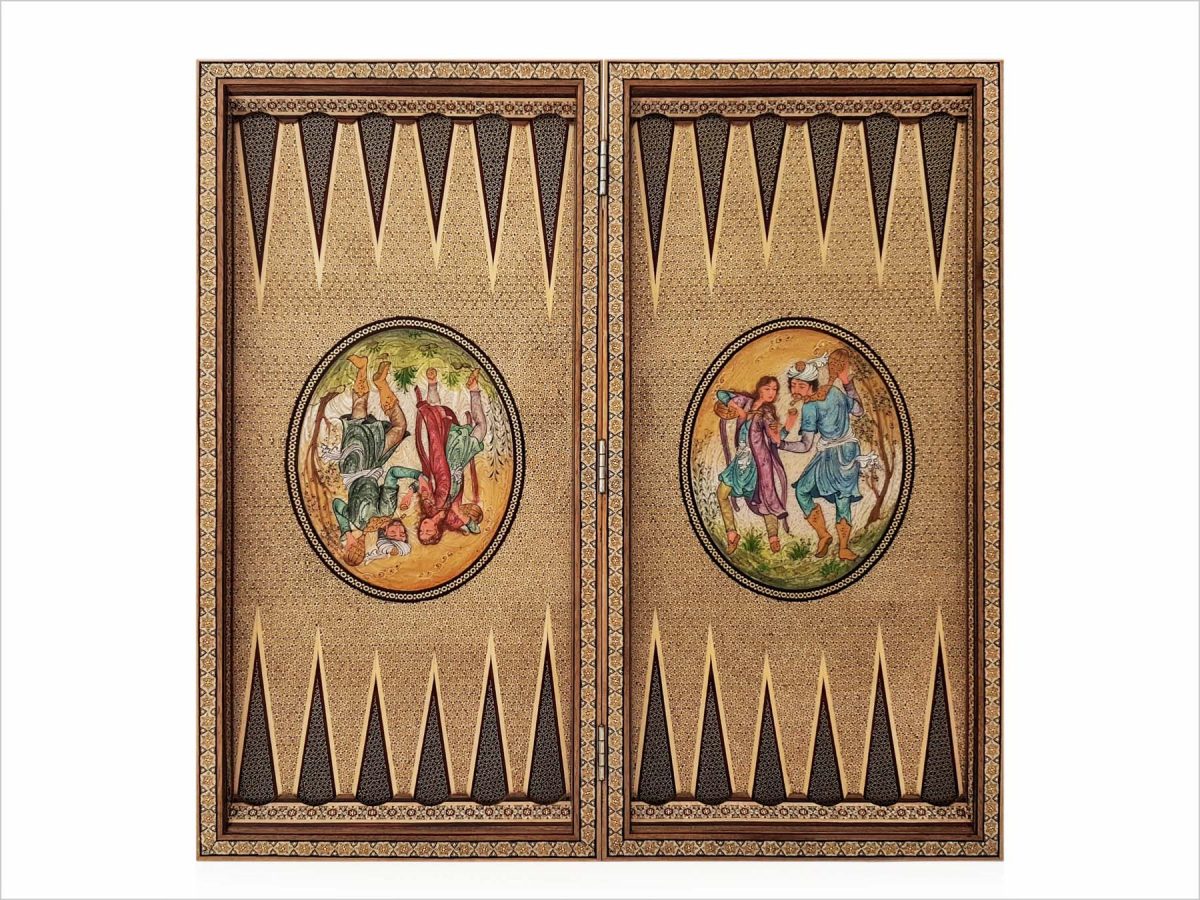 Exquisite wooden backgammon featuring Persian Khatam Kari design with Bazm-themed artwork.