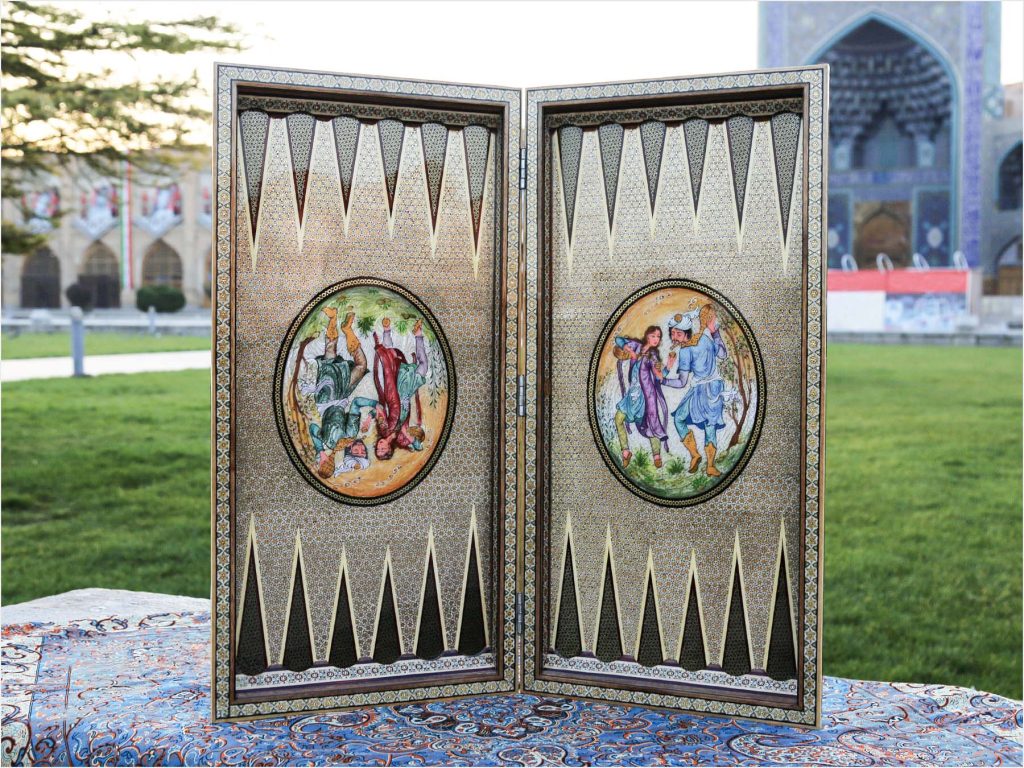 Exquisite wooden backgammon featuring Persian Khatam Kari design with Bazm-themed artwork. History of Board Games