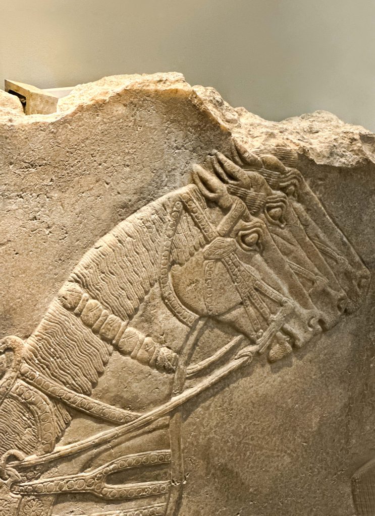 Zoomed-in view of the Nimrud stone relief highlighting the detailed carving of the Persian horses and charioteer elements.