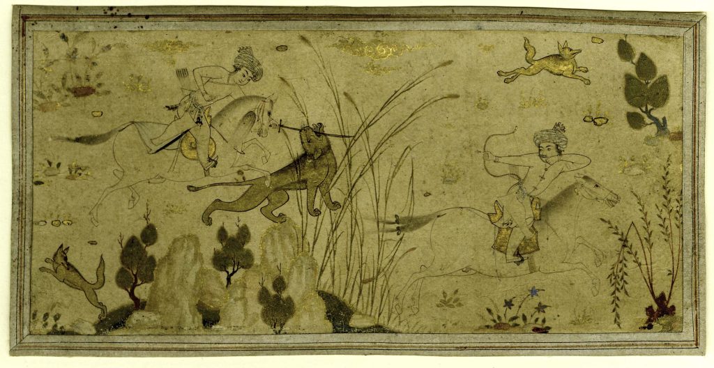 Drawing of two hunters on horseback attacking a lion, featuring ink, gold, and opaque watercolour.