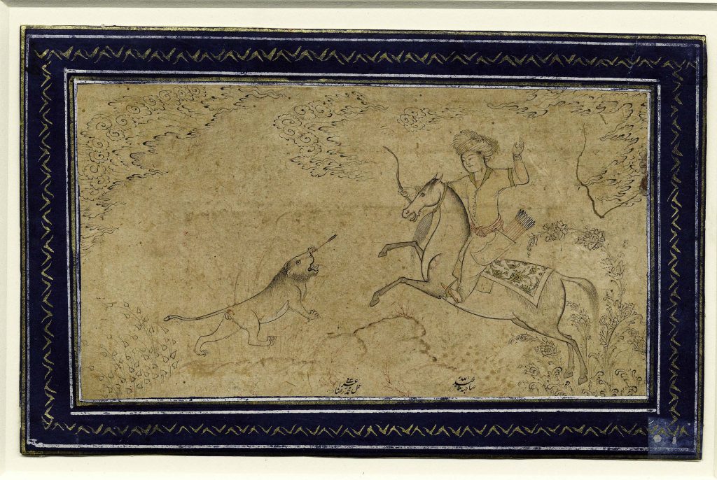 Drawing of a lion hunt depicting a horseman shooting an arrow at a lion, created by Muhammad Riza 'Iraqi.