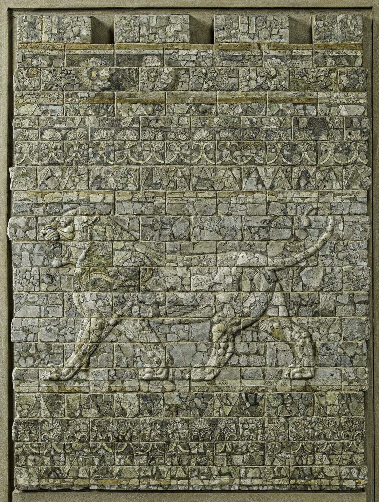 Lion frieze panel depicting a passant lion, crafted from glazed siliceous ceramic from the palace of Darius I.