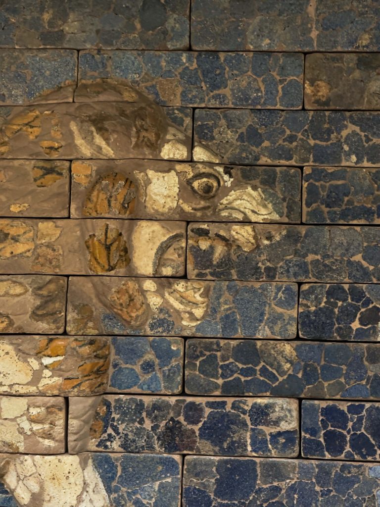 Glazed brick panel from Babylon depicting the Persian lion, symbolizing the might and majesty of King Nebuchadnezzar II's reign.