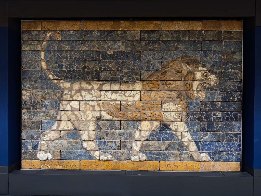 Glazed brick panel from Babylon depicting the Persian lion, symbolizing the might and majesty of King Nebuchadnezzar II's reign.