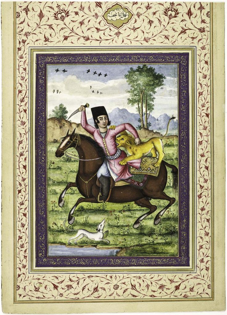 Miniature painting by Aqa Nadjaf depicting a young man on horseback attacked by a lion.
