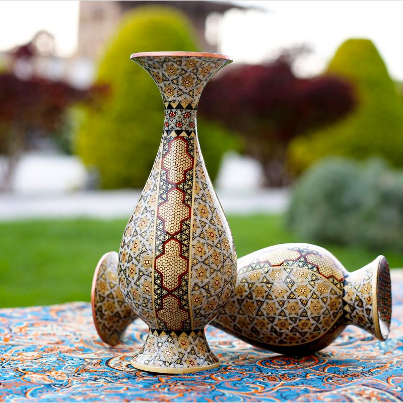 Front view of 20 cm Persian Marquetry Decorative Vase with Khatam Kari design.