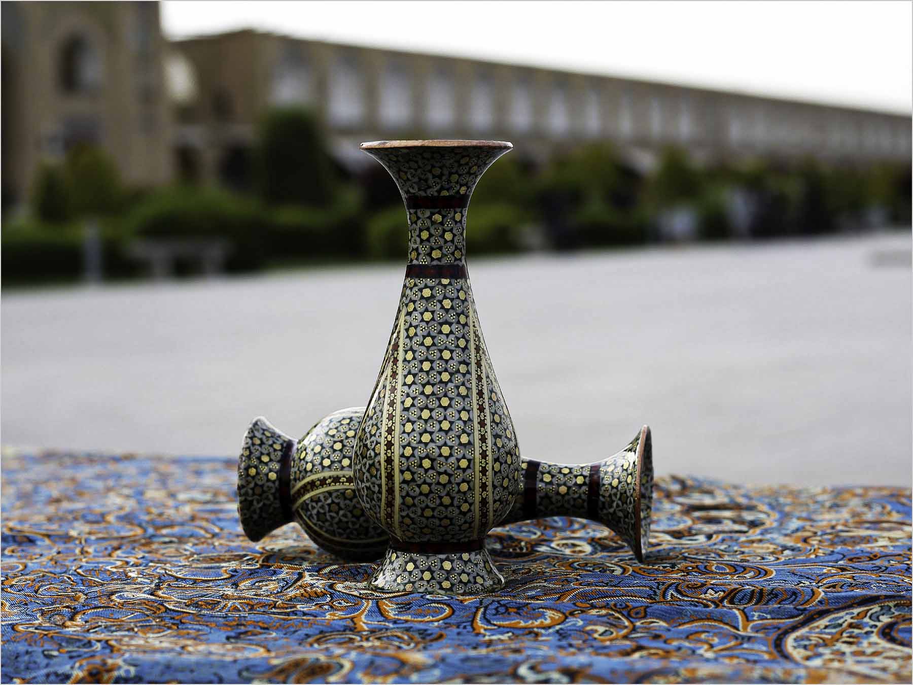 Display of a pair of Persian Marquetry Decorative Vases - 16 cm.