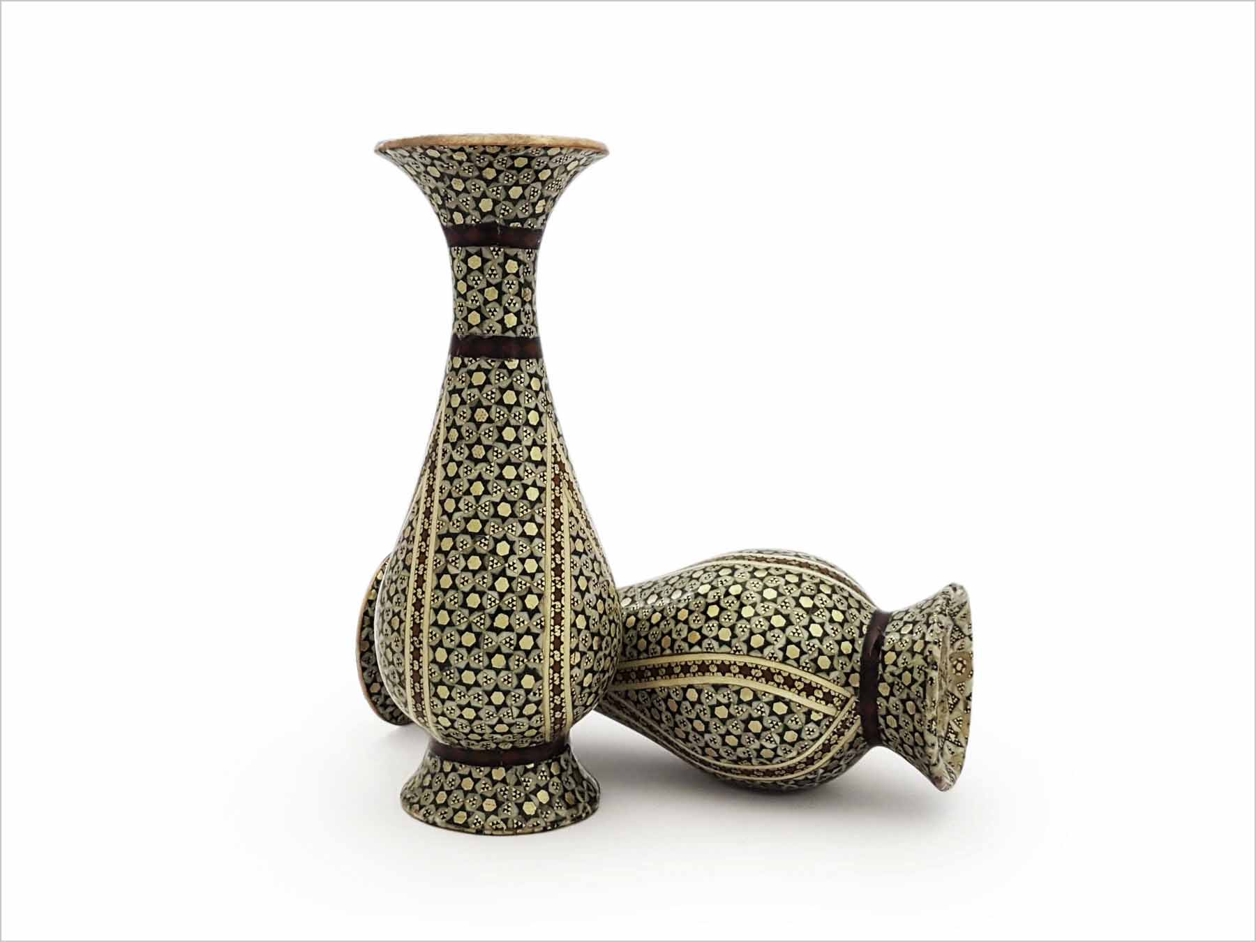 Display of a pair of Persian Marquetry Decorative Vases - 16 cm.