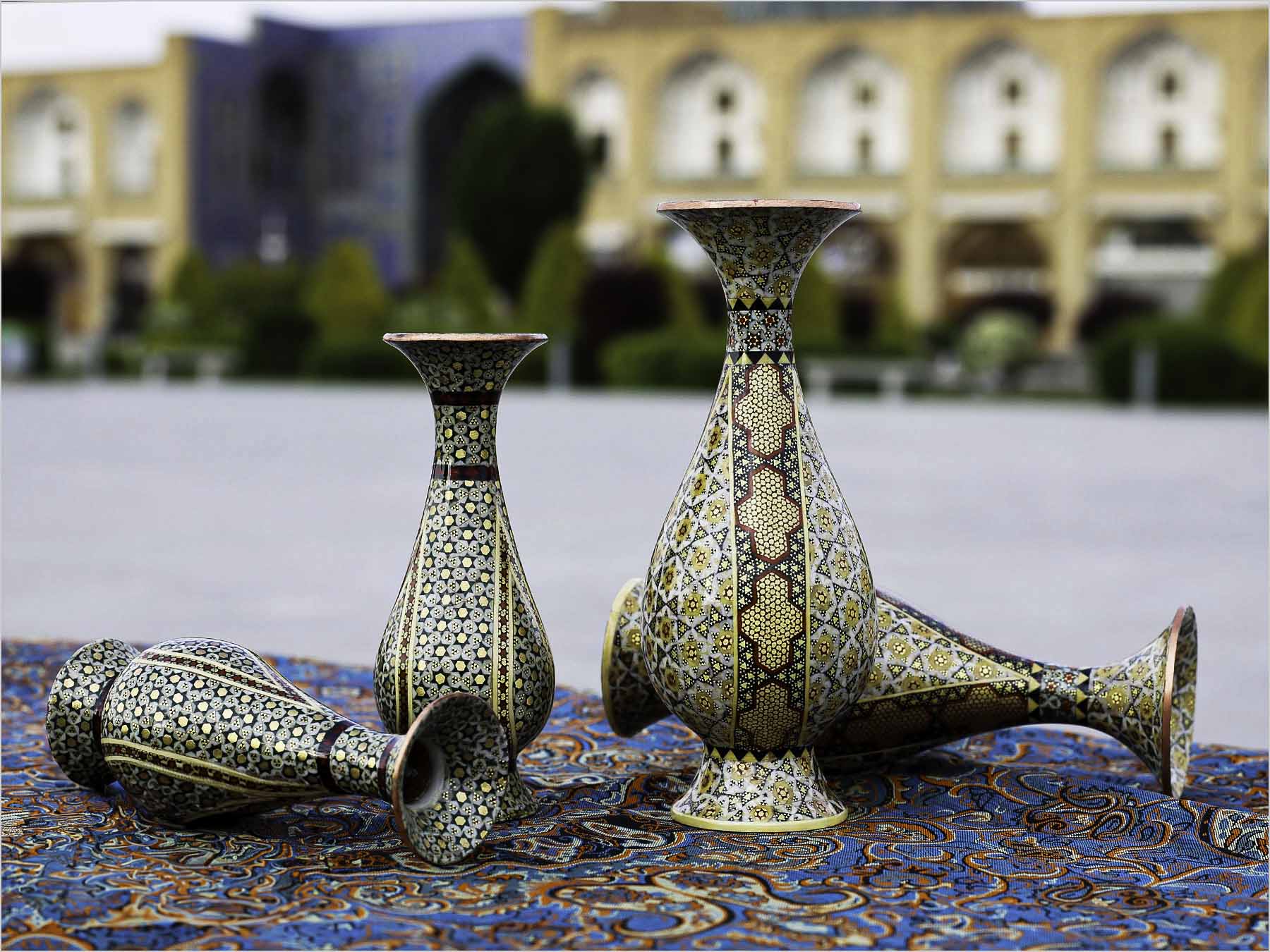 Display of a pair of Persian Marquetry Decorative Vases - 16 cm.