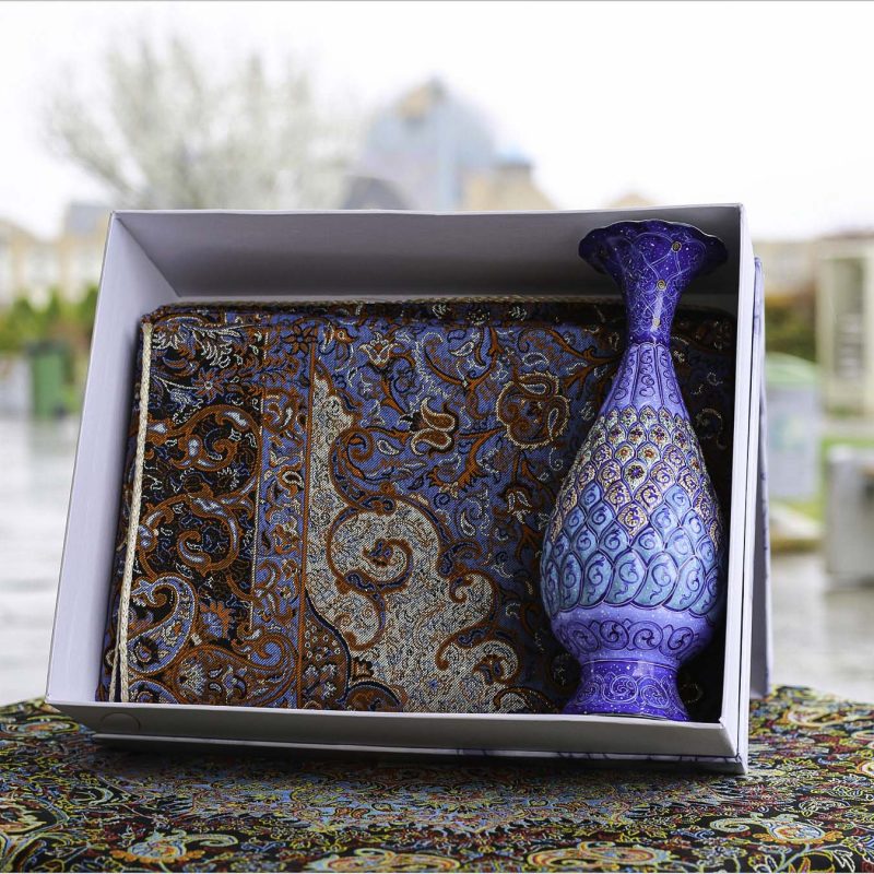 Hand-painted Minakari vase and Termeh tablecloth set in a sophisticated stone-patterned gift box