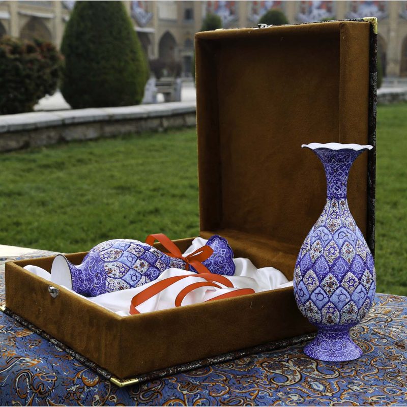 Pair of enamelled copper vases with intricate Minakari patterns, presented in an elegant gift box
