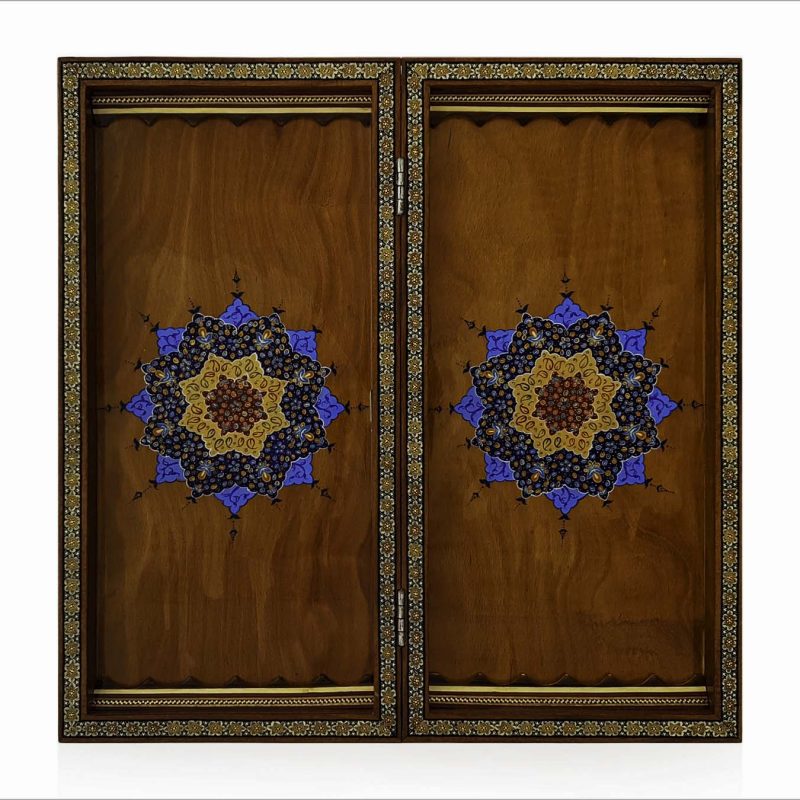 Exquisite woodwork backgammon board with blue floral and geometric design, handcrafted by Persian artisans from Isfahan, featuring a dual-use backgammon and chess board.