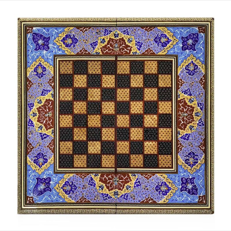 Exquisite woodwork backgammon board with blue floral and geometric design, handcrafted by Persian artisans from Isfahan, featuring a dual-use backgammon and chess board.