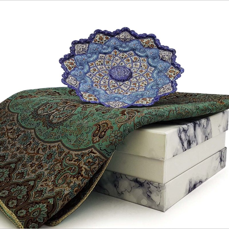 Hand-painted Minakari plate and Termeh tablecloth set in a stone-patterned hard gift box