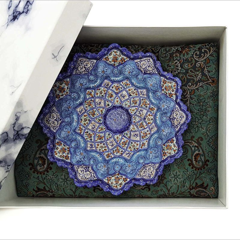 Hand-painted Minakari plate and Termeh tablecloth set in a stone-patterned hard gift box