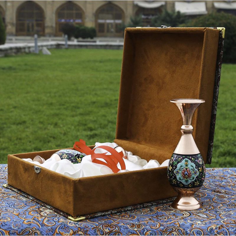 Pair of 20 cm hand-painted copper vases with intricate pardaz floral motifs, presented in a luxurious suede gift box