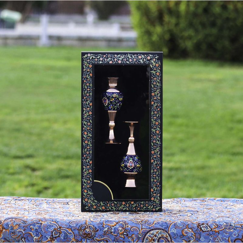 Pair of handcrafted copper vases with intricate pardaz painting, featuring Shah Abbasi flowers, elegantly packaged in a gift box