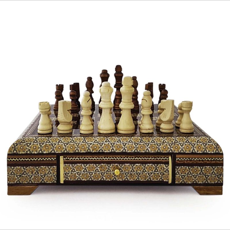 Handcrafted Persian chessboard with Khatam-Kari inlay from Isfahan, made of beech wood with a sliding drawer for piece storage, measuring 27 cm x 27 cm.