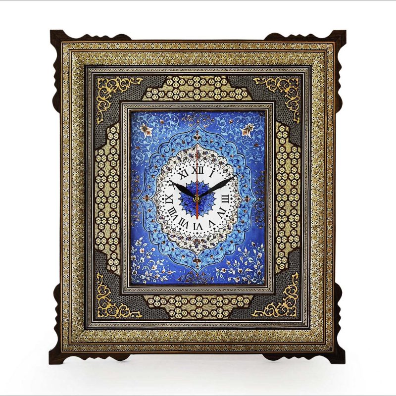 Handcrafted Persian wall clock with Mina-Kari enamel dial and Khatam-Kari inlay, made in Isfahan from wood, brass, and camel bone, measuring 55 cm x 50 cm.