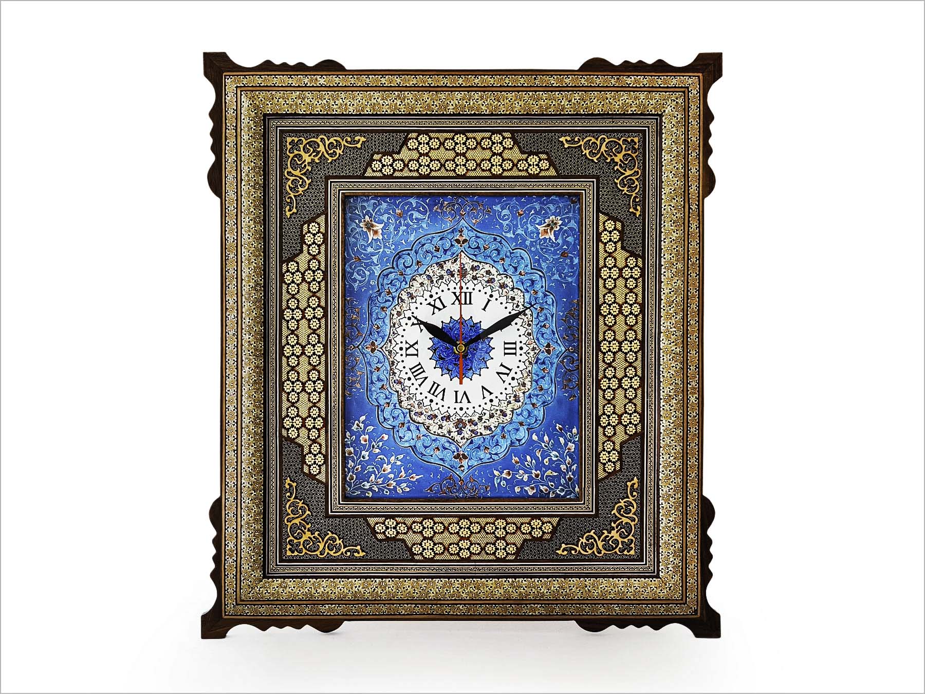 Handcrafted Persian wall clock with Mina-Kari enamel dial and Khatam-Kari inlay, made in Isfahan from wood, brass, and camel bone, measuring 55 cm x 50 cm.