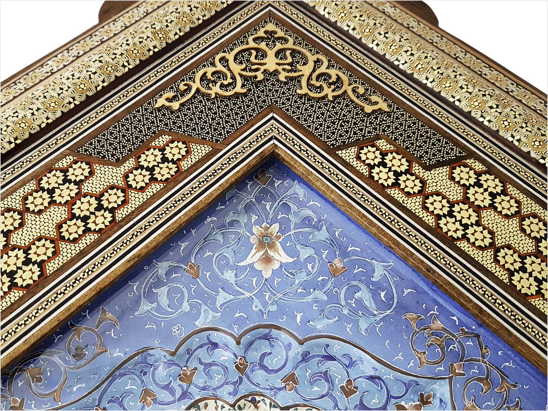 Handcrafted Persian wall clock with Mina-Kari enamel dial and Khatam-Kari inlay, made in Isfahan from wood, brass, and camel bone, measuring 55 cm x 50 cm.