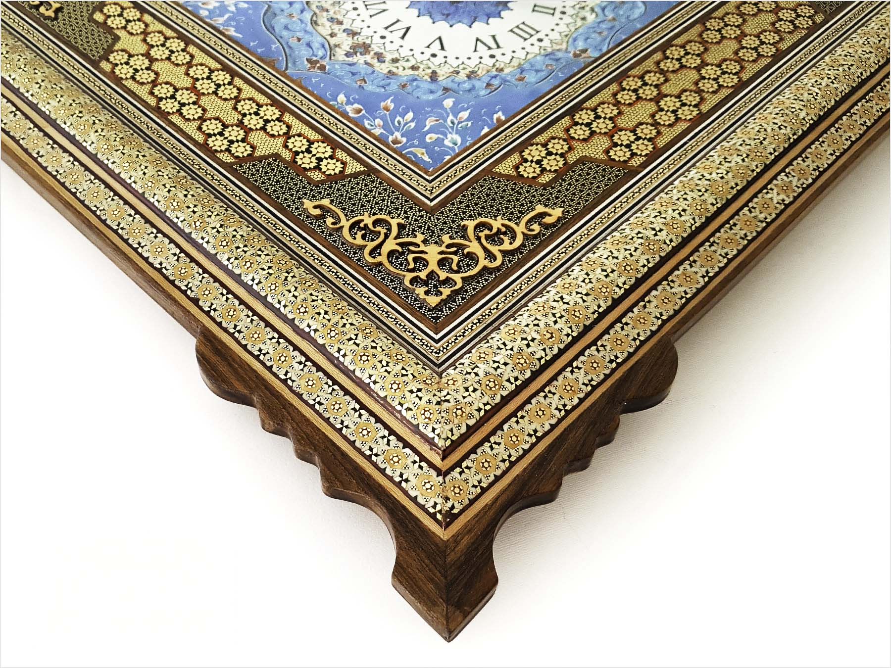 Handcrafted Persian wall clock with Mina-Kari enamel dial and Khatam-Kari inlay, made in Isfahan from wood, brass, and camel bone, measuring 55 cm x 50 cm.