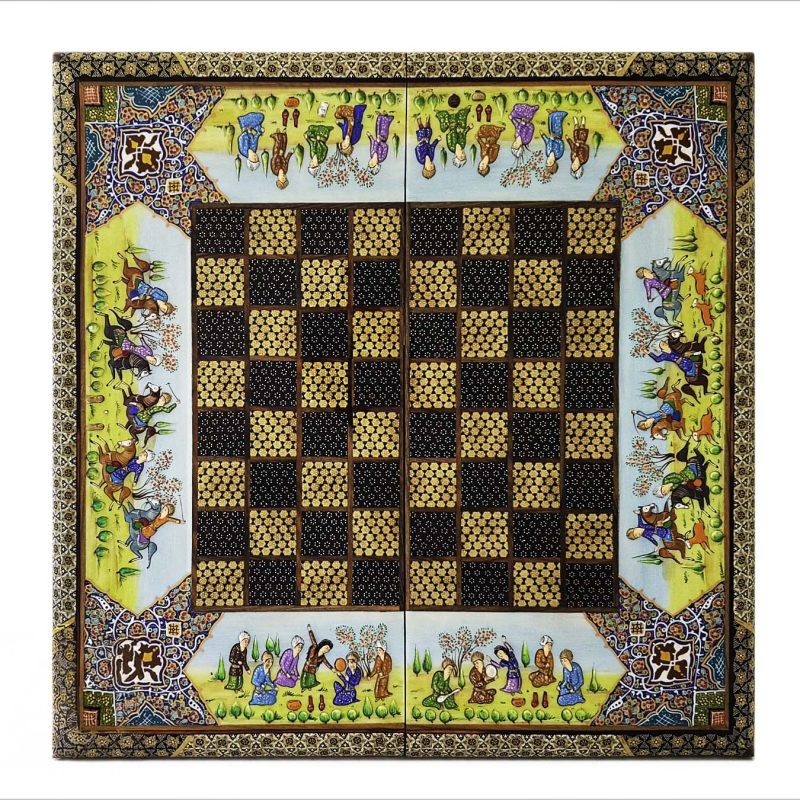 Handcrafted Persian backgammon board with handpainted Chovgan (Polo) design, featuring horseback riders, 50 cm x 50 cm, made in Isfahan.