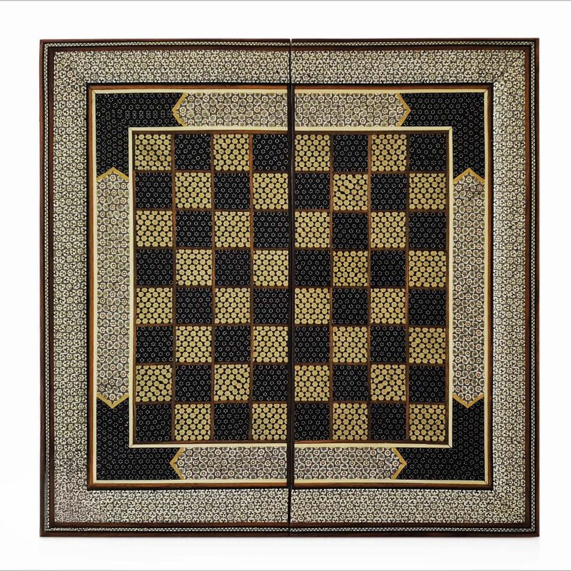 Persian backgammon board with Khatam-Kari inlay, handcrafted in Isfahan, measuring 50 cm x 50 cm with intricate geometric designs.